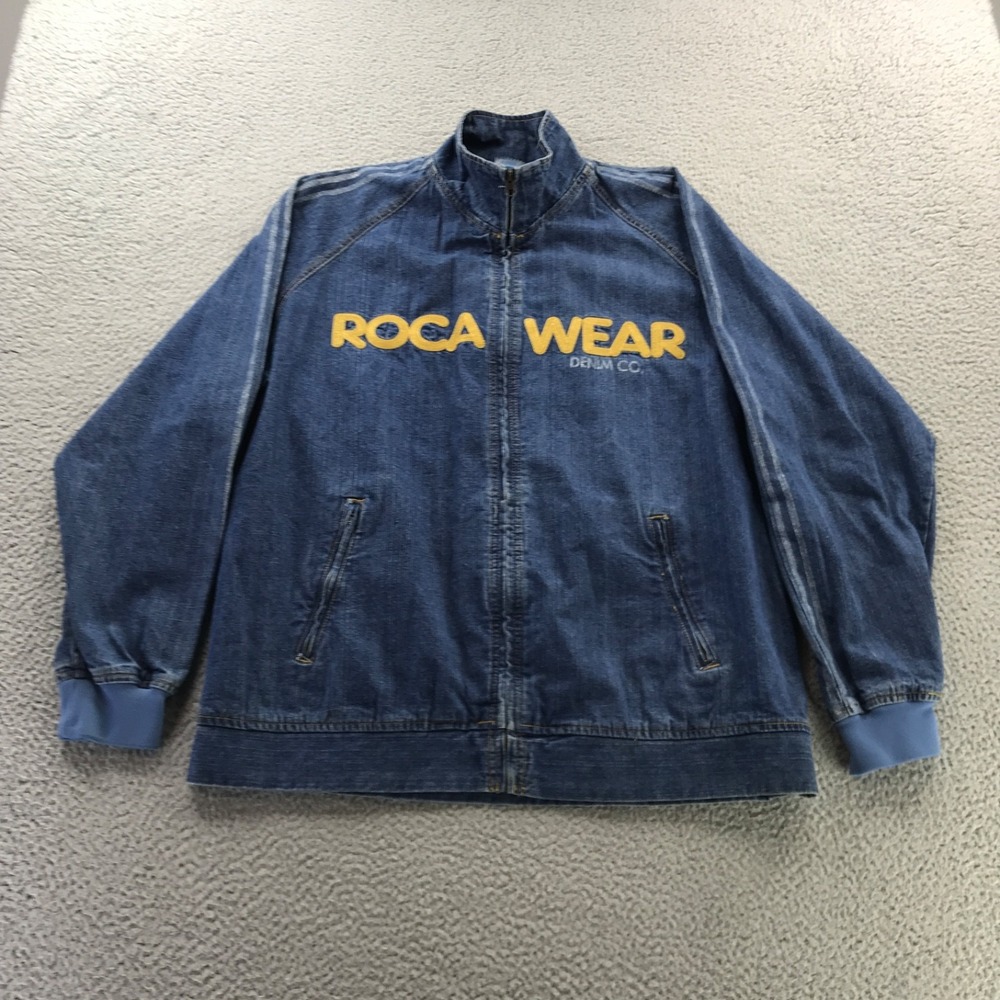Vintage Rocawear Jacket Mens Extra Large Blue Denim Y2K Embroidered Rap Logo Zip - Picture 2 of 12